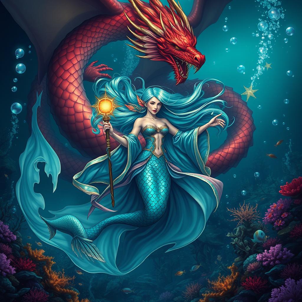 A stunning female merfolk wizard, gracefully swimming through the ocean depths, adorned in flowing robes that shimmer like scales