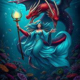 A stunning female merfolk wizard, gracefully swimming through the ocean depths, adorned in flowing robes that shimmer like scales