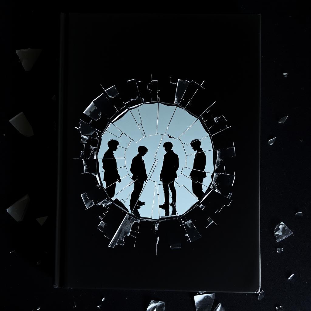 A book cover featuring a shattered mirror at the center, reflecting the silhouettes of the members of BTS in a dramatic black color