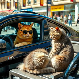 A rich orange cat driving a sleek BMW M5, coming to a stop next to a bus stop where a poor grey cat is sitting on a bench