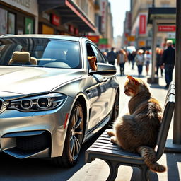 A rich orange cat driving a sleek BMW M5, coming to a stop next to a bus stop where a poor grey cat is sitting on a bench