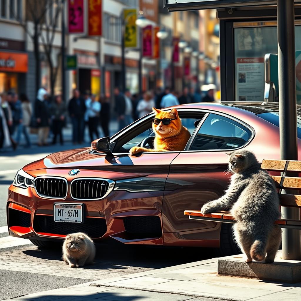 A rich orange cat driving a sleek BMW M5, coming to a stop next to a bus stop where a poor grey cat is sitting on a bench