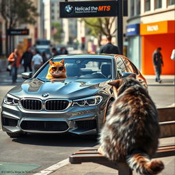 A rich orange cat driving a sleek BMW M5, coming to a stop next to a bus stop where a poor grey cat is sitting on a bench