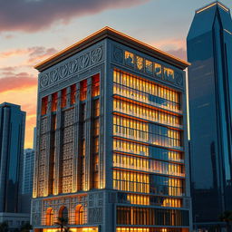 A high-detail architectural rendering of a 20-story building standing at 80 meters tall, combining two styles: Persian Achaemenid and modern bionic