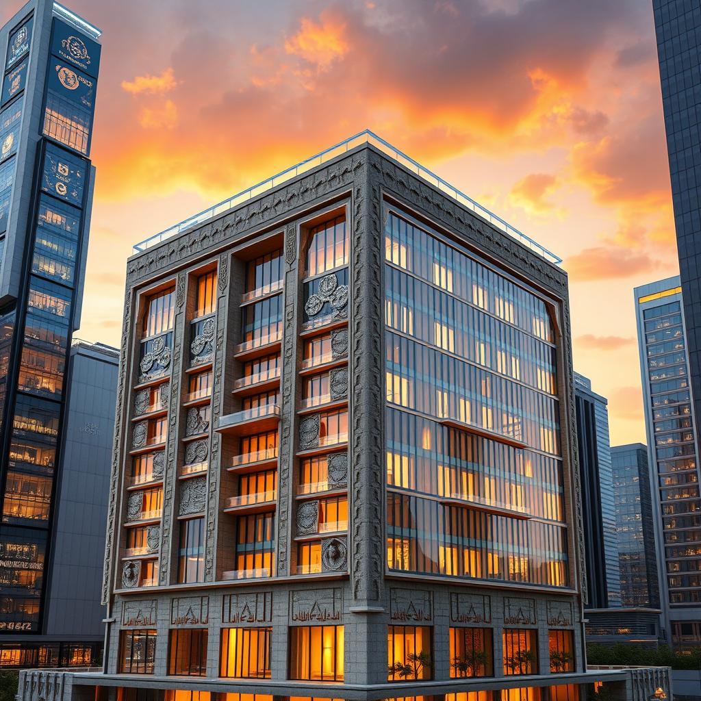 A high-detail architectural rendering of a 20-story building standing at 80 meters tall, combining two styles: Persian Achaemenid and modern bionic