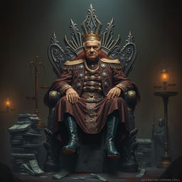 A striking depiction of a corrupt official sitting on a throne made of rusted metal, surrounded by symbolic elements that represent corruption such as stacks of money, broken scales of justice, and shadowy figures lurking in the background