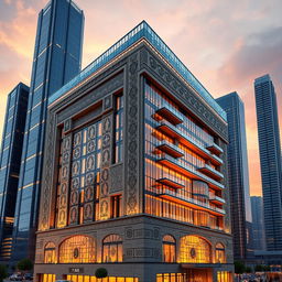 A high-detail architectural rendering of a 20-story building standing at 80 meters tall, combining two styles: Persian Achaemenid and modern bionic