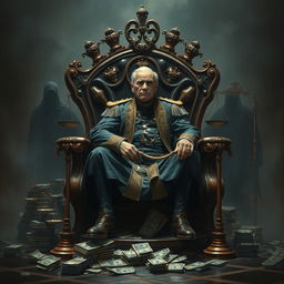 A striking depiction of a corrupt official sitting on a throne made of rusted metal, surrounded by symbolic elements that represent corruption such as stacks of money, broken scales of justice, and shadowy figures lurking in the background