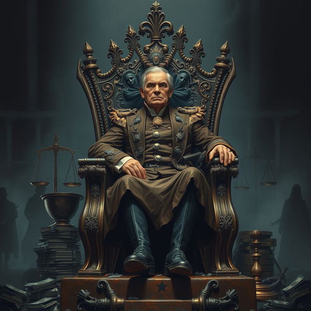 A striking depiction of a corrupt official sitting on a throne made of rusted metal, surrounded by symbolic elements that represent corruption such as stacks of money, broken scales of justice, and shadowy figures lurking in the background