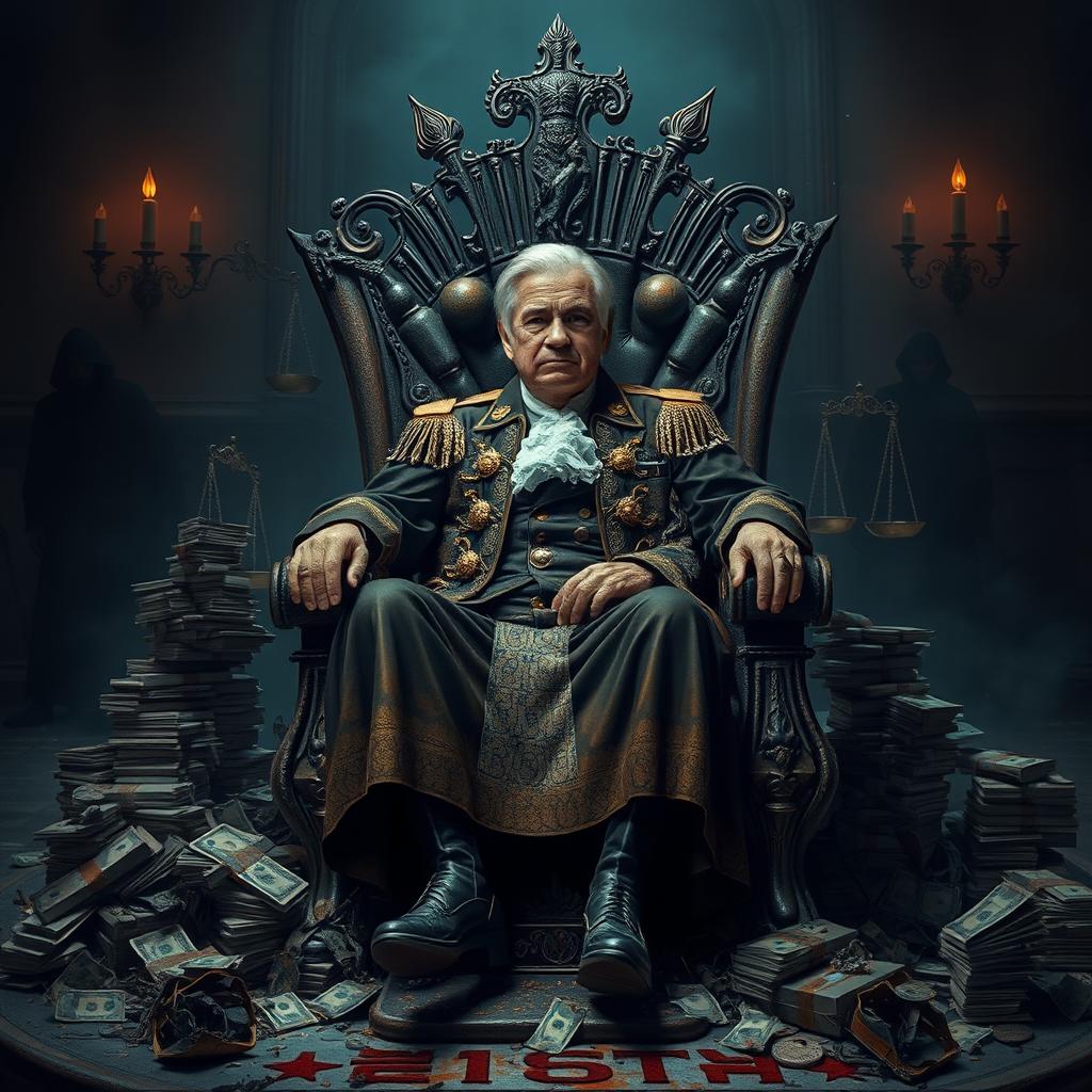A striking depiction of a corrupt official sitting on a throne made of rusted metal, surrounded by symbolic elements that represent corruption such as stacks of money, broken scales of justice, and shadowy figures lurking in the background