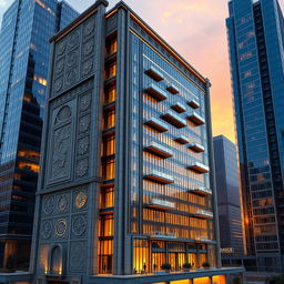 A high-detail architectural rendering of a 20-story building standing at 80 meters tall, combining two styles: Persian Achaemenid and modern bionic
