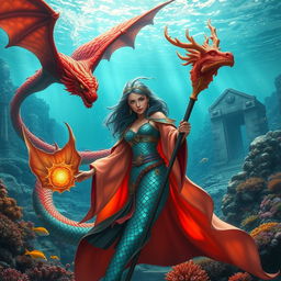 A female merfolk wizard in a vibrant underwater setting, displaying iridescent scales that shimmer in shades of blue and green