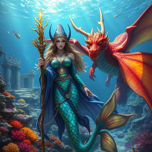 A female merfolk wizard in a vibrant underwater setting, displaying iridescent scales that shimmer in shades of blue and green