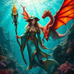 A female merfolk wizard in a vibrant underwater setting, displaying iridescent scales that shimmer in shades of blue and green