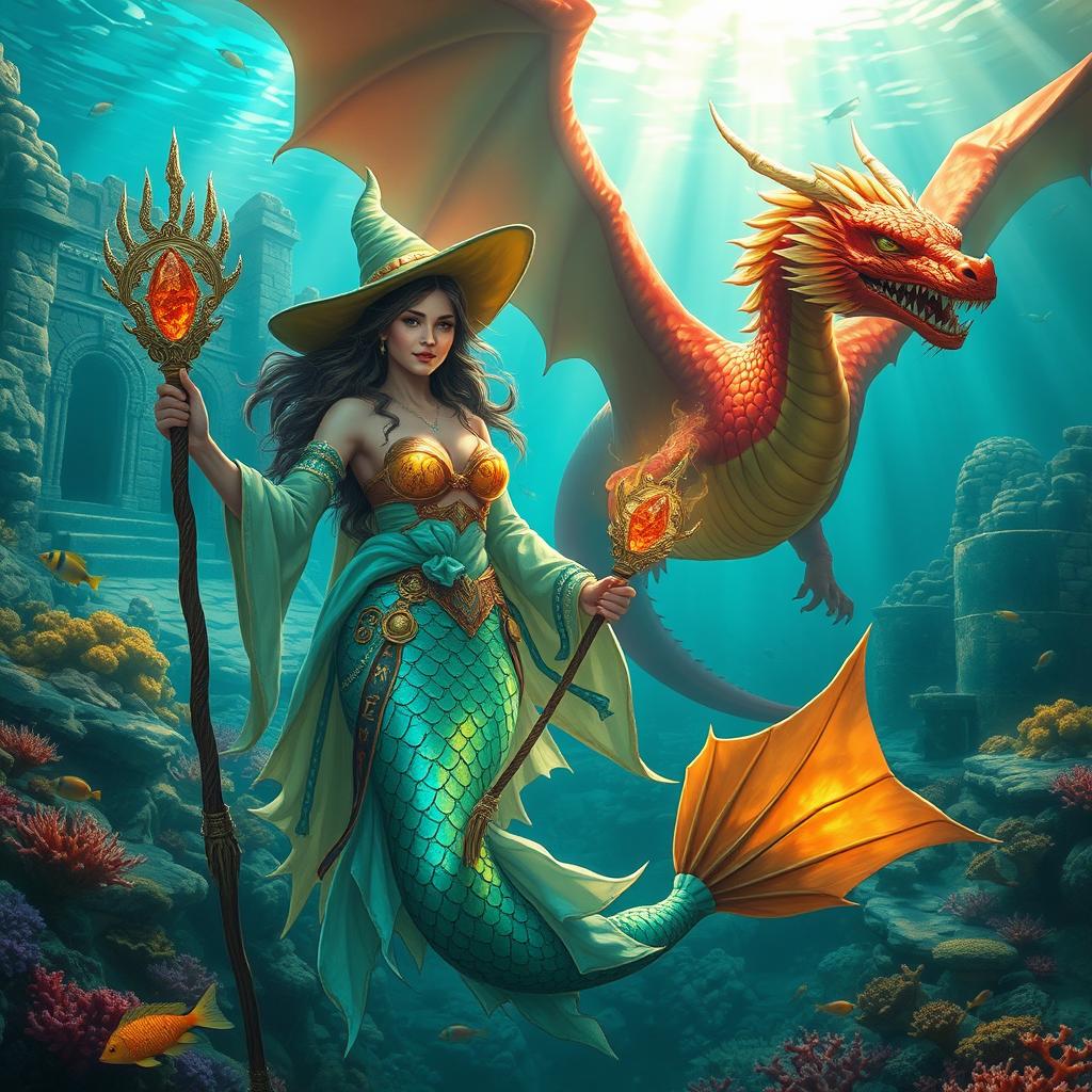 A female merfolk wizard in a vibrant underwater setting, displaying iridescent scales that shimmer in shades of blue and green