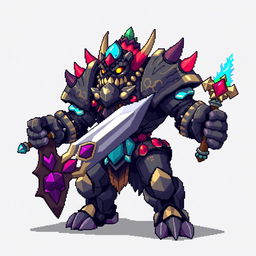 A pixel art style depiction of a fierce game boss enemy, showcasing detailed pixelated textures and vibrant colors
