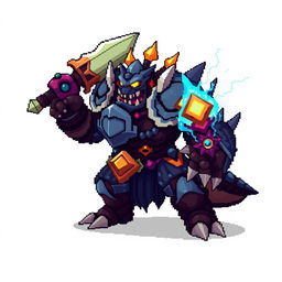 A pixel art style depiction of a fierce game boss enemy, showcasing detailed pixelated textures and vibrant colors