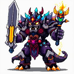 A pixel art style depiction of a fierce game boss enemy, showcasing detailed pixelated textures and vibrant colors
