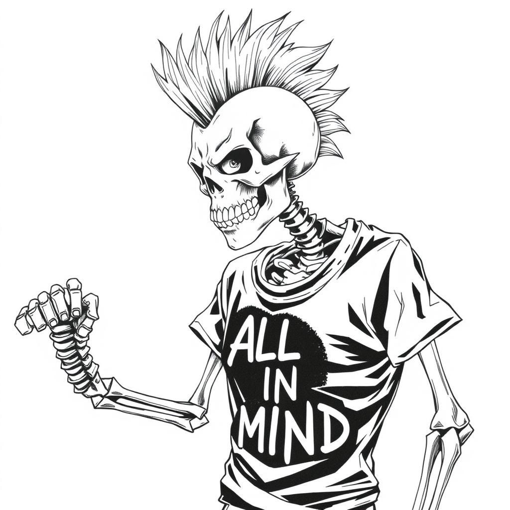A realistic black and white drawing of a skeleton with a mohawk hairstyle, wielding a sword