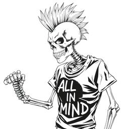 A realistic black and white drawing of a skeleton with a mohawk hairstyle, wielding a sword