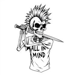 A realistic black and white drawing of a skeleton with a mohawk hairstyle, wielding a sword