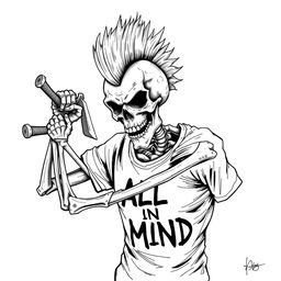 A realistic black and white drawing of a skeleton with a mohawk hairstyle, wielding a sword