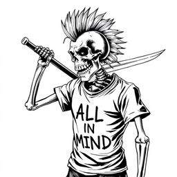 A realistic black and white drawing of a skeleton with a mohawk hairstyle, wielding a sword