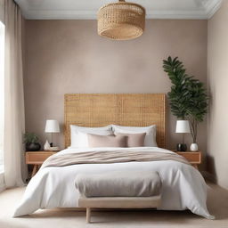 A sophisticated and calming bedroom featuring a beautiful Venetian plaster wall, a white linen bed, and a stylish rattan headboard.