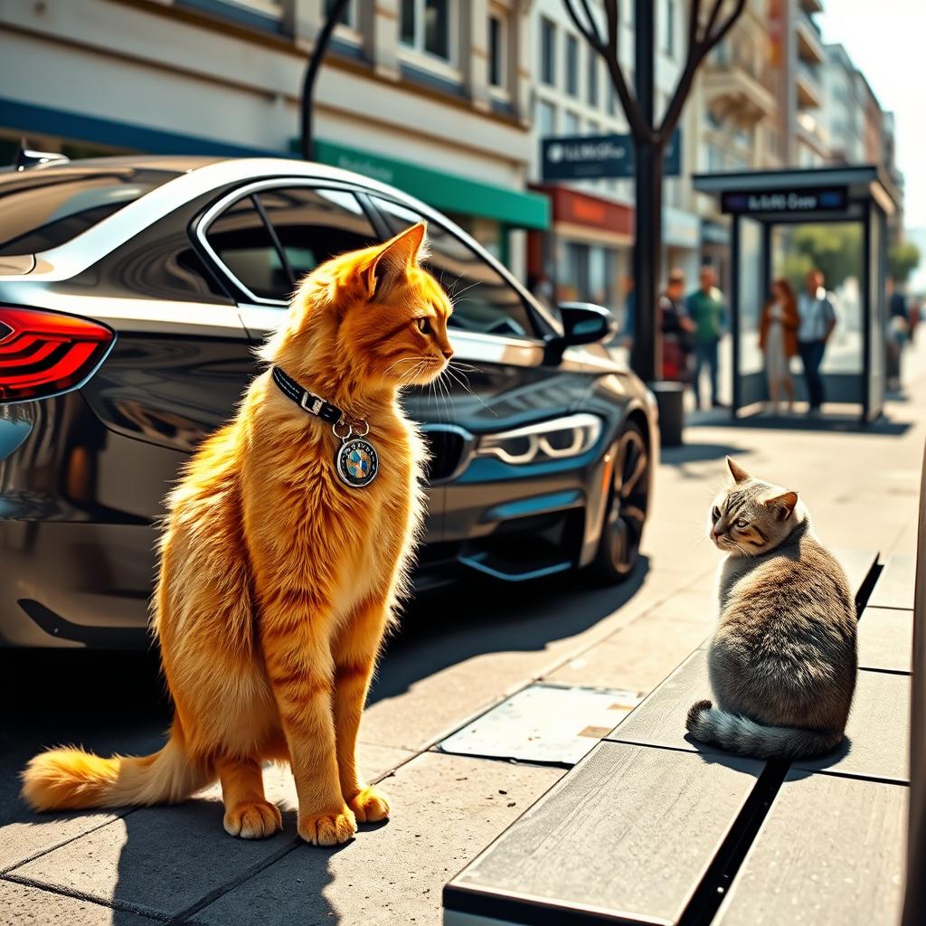 A wealthy orange cat, impeccably groomed and wearing classy accessories, stands next to a luxurious BMW M5 parked by a bus stop