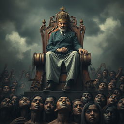 A powerful and striking image of a corrupt official sitting atop a rusted throne, symbolizing the decay of power and authority