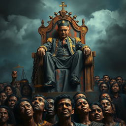 A powerful and striking image of a corrupt official sitting atop a rusted throne, symbolizing the decay of power and authority