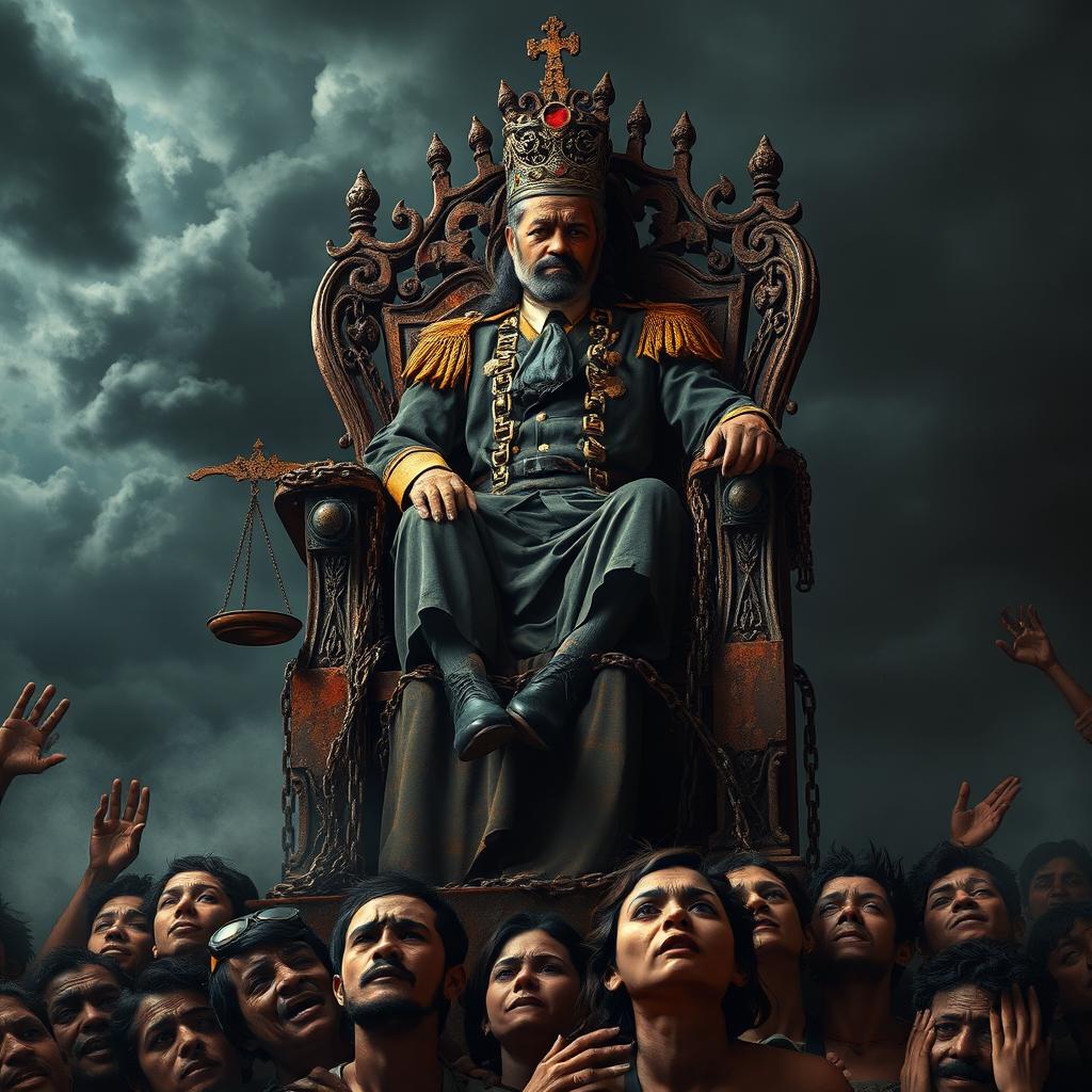 A powerful and striking image of a corrupt official sitting atop a rusted throne, symbolizing the decay of power and authority