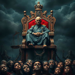 A powerful and striking image of a corrupt official sitting atop a rusted throne, symbolizing the decay of power and authority
