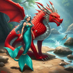 A female merfolk character, elegantly designed with stunning scales that shimmer in various shades of turquoise and emerald, standing confidently on dry land