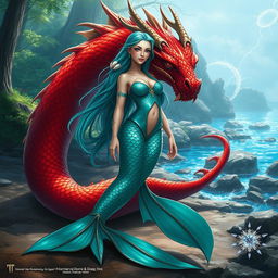 A female merfolk character, elegantly designed with stunning scales that shimmer in various shades of turquoise and emerald, standing confidently on dry land