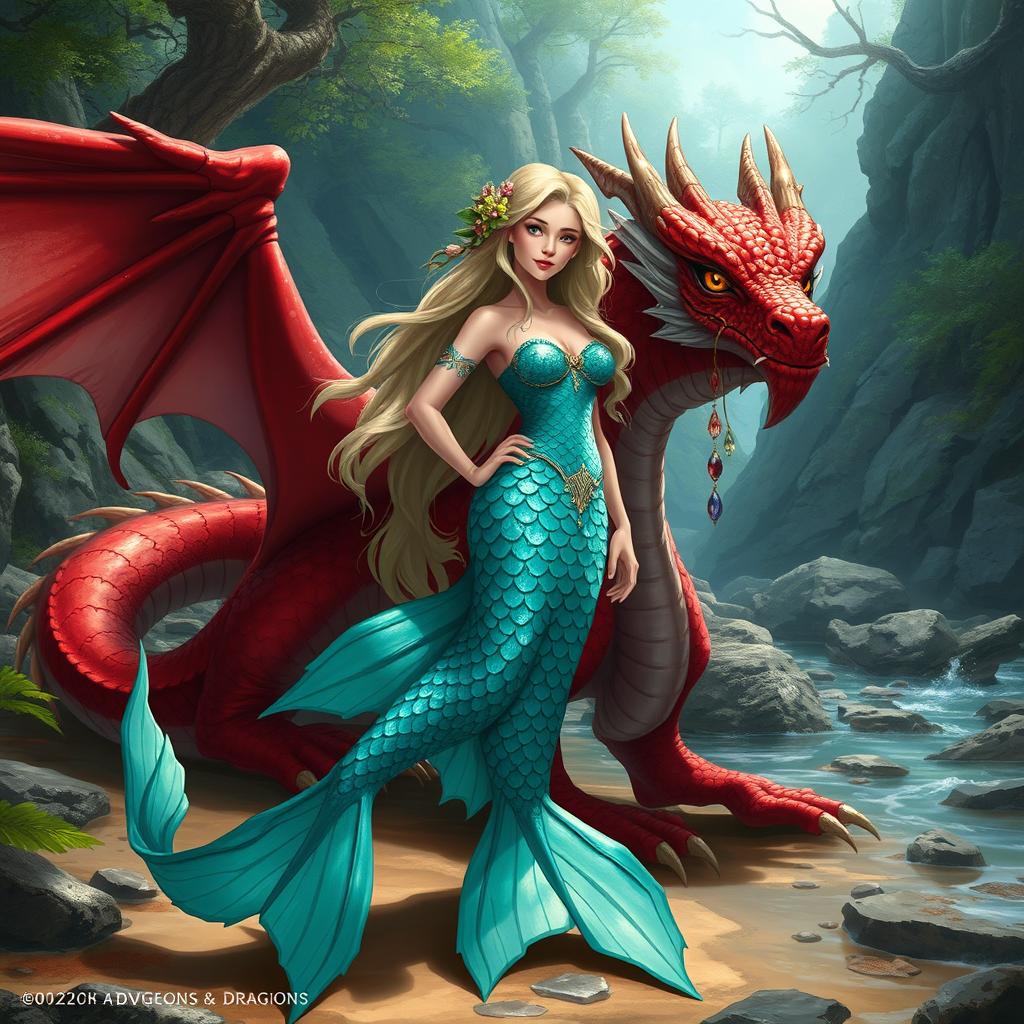 A female merfolk character, elegantly designed with stunning scales that shimmer in various shades of turquoise and emerald, standing confidently on dry land