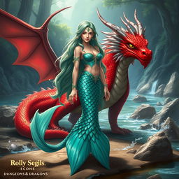 A female merfolk character, elegantly designed with stunning scales that shimmer in various shades of turquoise and emerald, standing confidently on dry land