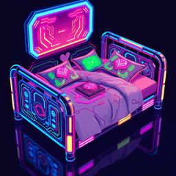 A vibrant pixel art representation of a cyberpunk-themed bed