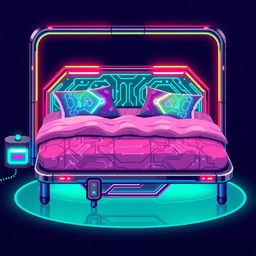 A vibrant pixel art representation of a cyberpunk-themed bed