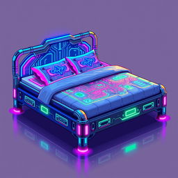 A vibrant pixel art representation of a cyberpunk-themed bed