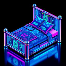 A vibrant pixel art representation of a cyberpunk-themed bed