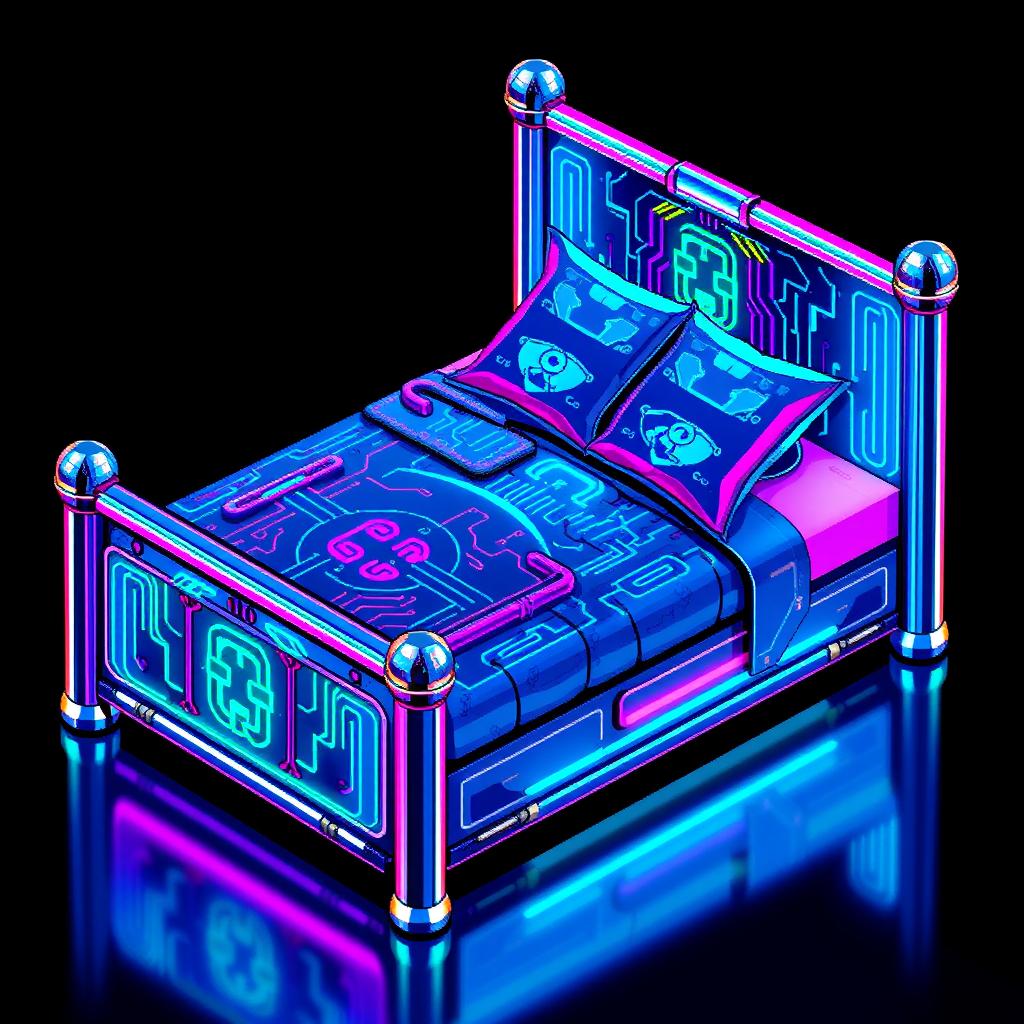A vibrant pixel art representation of a cyberpunk-themed bed