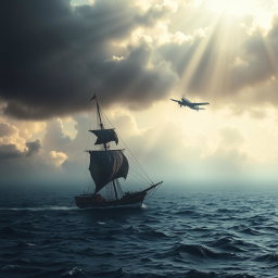 A dramatic and atmospheric scene depicting the mysterious Bermuda Triangle, showcasing a blend of ominous storm clouds and calm waters