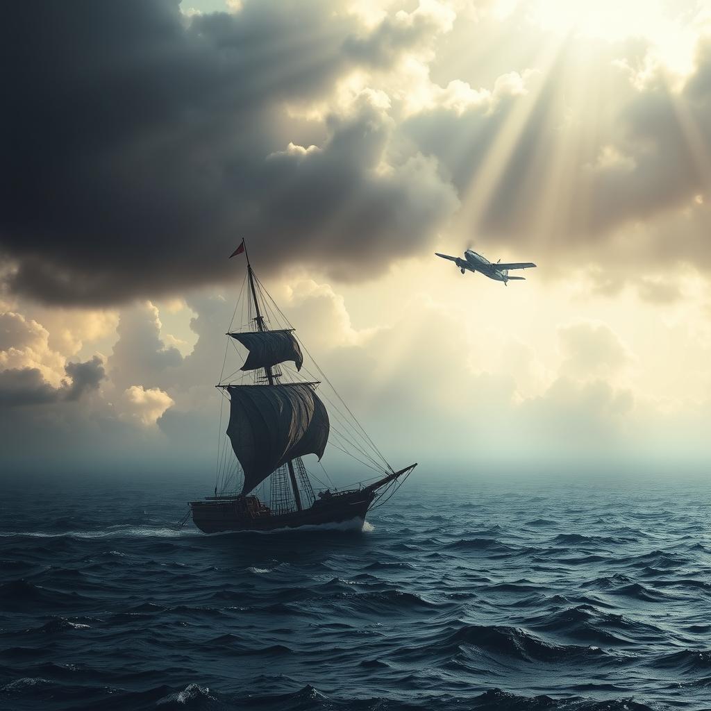 A dramatic and atmospheric scene depicting the mysterious Bermuda Triangle, showcasing a blend of ominous storm clouds and calm waters