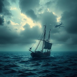 A dramatic and atmospheric scene depicting the mysterious Bermuda Triangle, showcasing a blend of ominous storm clouds and calm waters