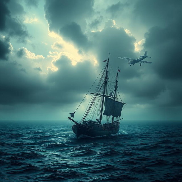 A dramatic and atmospheric scene depicting the mysterious Bermuda Triangle, showcasing a blend of ominous storm clouds and calm waters