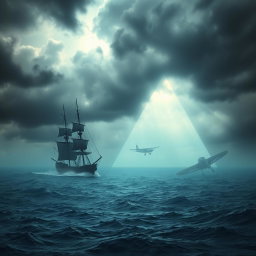 A dramatic and atmospheric scene depicting the mysterious Bermuda Triangle, showcasing a blend of ominous storm clouds and calm waters