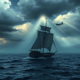 A dramatic and atmospheric scene depicting the mysterious Bermuda Triangle, showcasing a blend of ominous storm clouds and calm waters