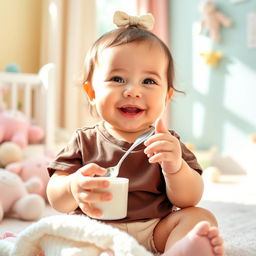 An adorable eight-month-old baby girl sitting happily in a cozy, brightly colored nursery