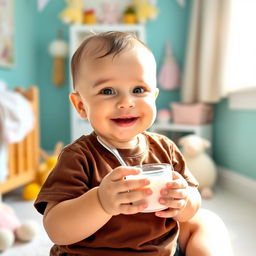 An adorable eight-month-old baby girl sitting happily in a cozy, brightly colored nursery